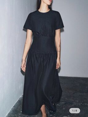 Zara Denim Short-Sleeve Maxi Dress with Fitted Waist